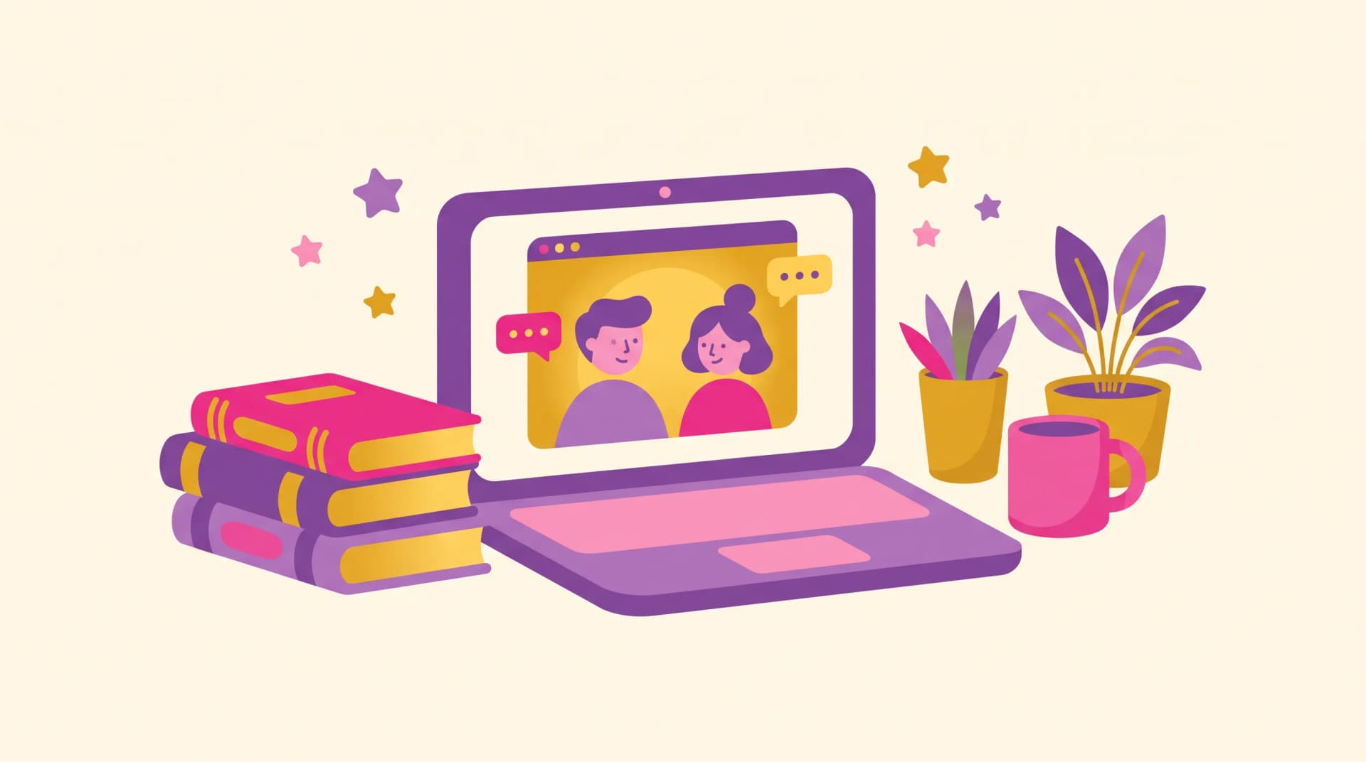Illustration of a welcoming laptop video call screen with chat bubbles, stars, and school supplies inviting a message