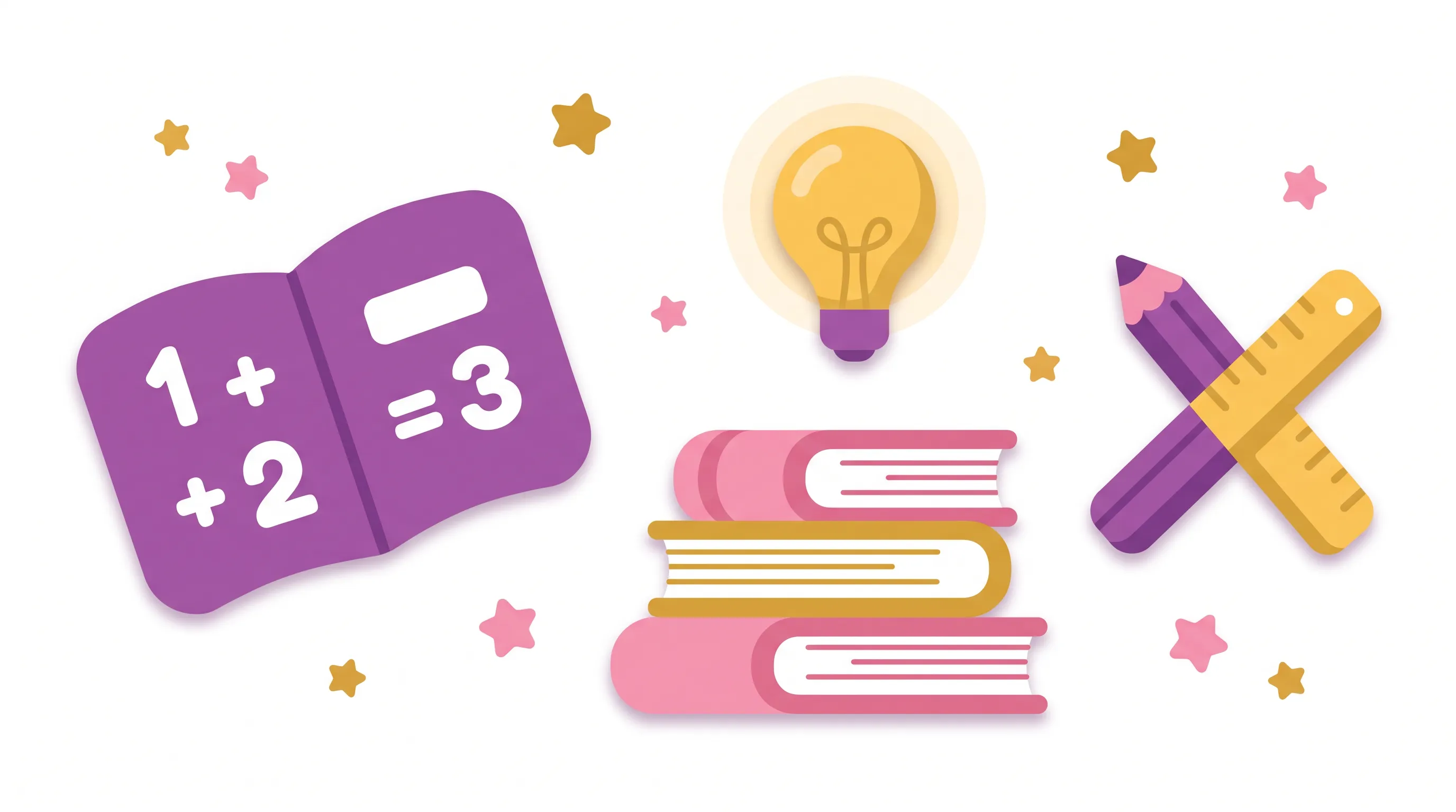 Flat illustration collage of math, reading, and writing tools representing the range of tutoring subjects offered