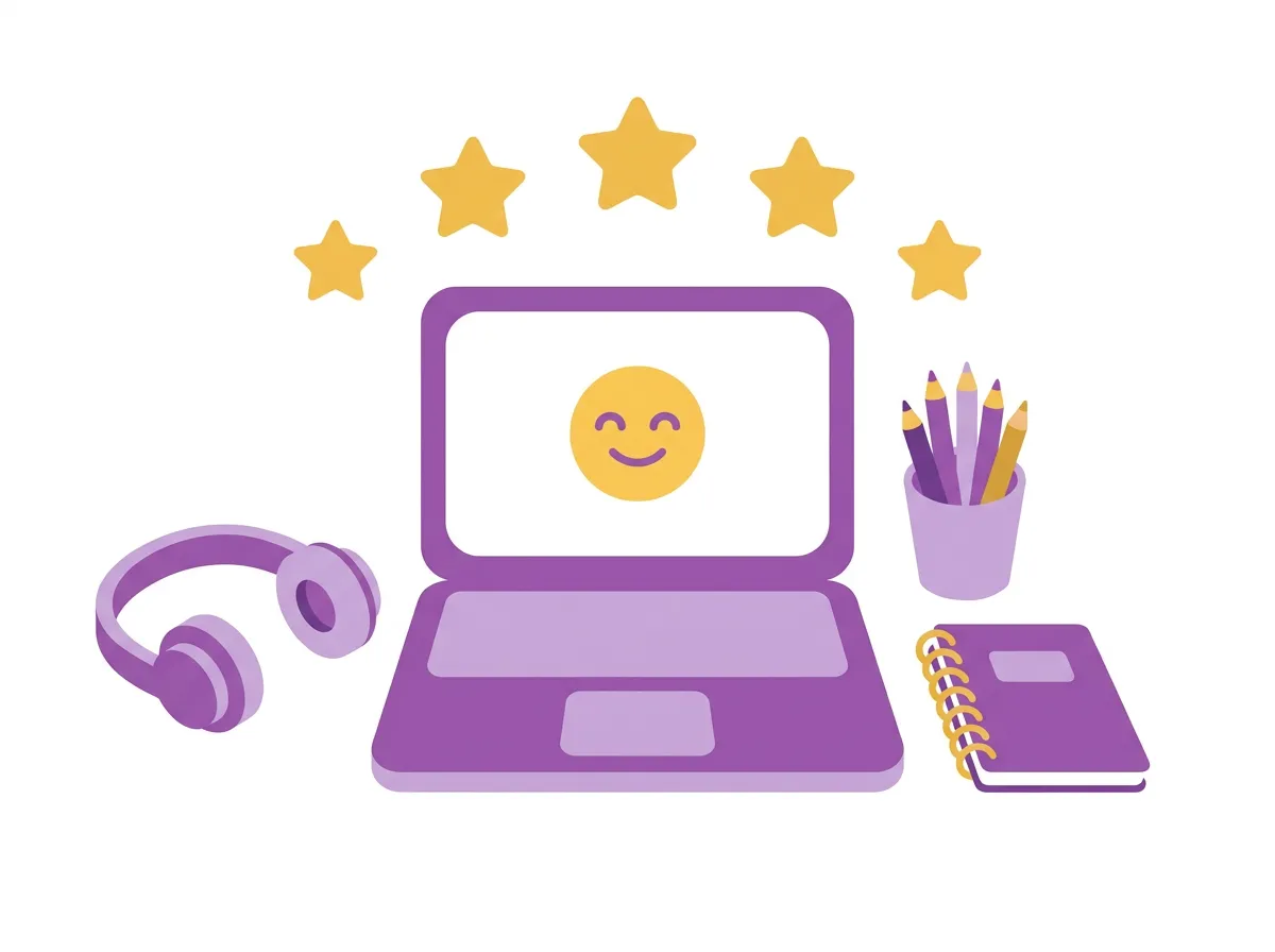 Illustration of a tidy home desk with a laptop, headphones, and school supplies set up for a virtual tutoring session